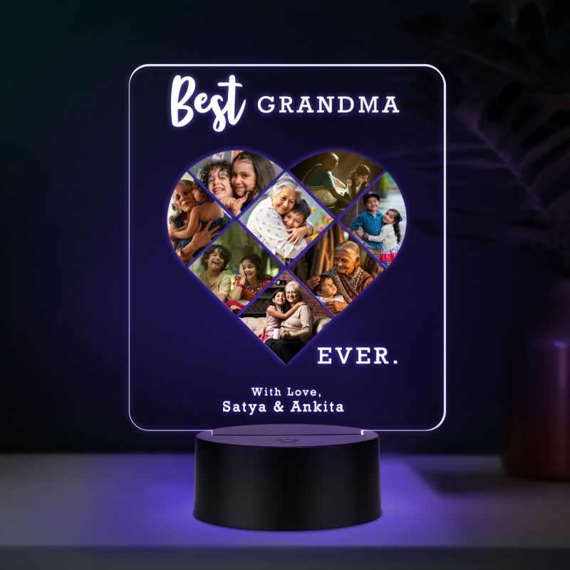 Personalized Best Grandma Ever LED Night Light, Heart Photo Collage Frame with Multicolored Light Memorable Gift for Dadi Maa